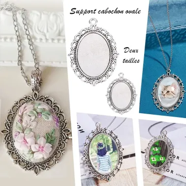 Pendentif support cabochon ovale argent antique
