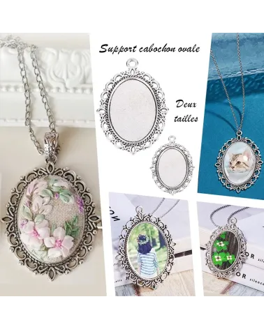 Pendentif support cabochon ovale argent antique