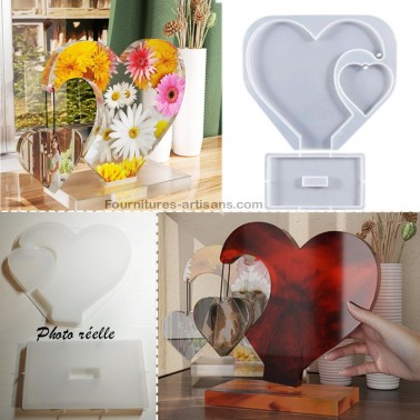 Moule silicone cadre photo forme 2 cœurs & moule support