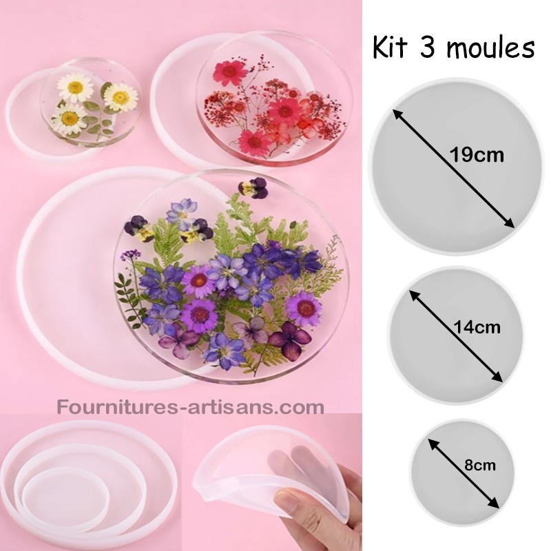 Kit 3 moules silicones résine époxy plat rond cercle