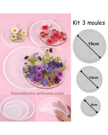 Kit 3 moules silicones résine époxy plat rond cercle