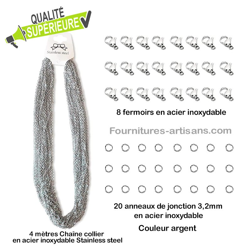 Kit acier inoxydable 4 mètre chaine collier argent 20 anneaux de jonction & 8 fermoirs