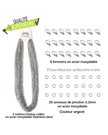 Kit acier inoxydable 4 mètre chaine collier argent 20 anneaux de jonction & 8 fermoirs