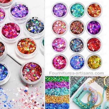 Pack 1_Lot 12 couleurs mélange grosses paillettes brillantes holographiques