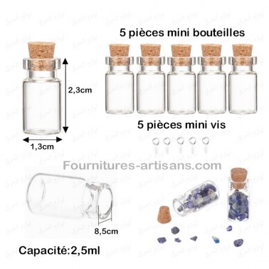 5pcs mini bouteilles fioles verre bouchon liège, 2,3cmx1,3cm,  capacité:2.5ml + cadeaux 5 mini vis