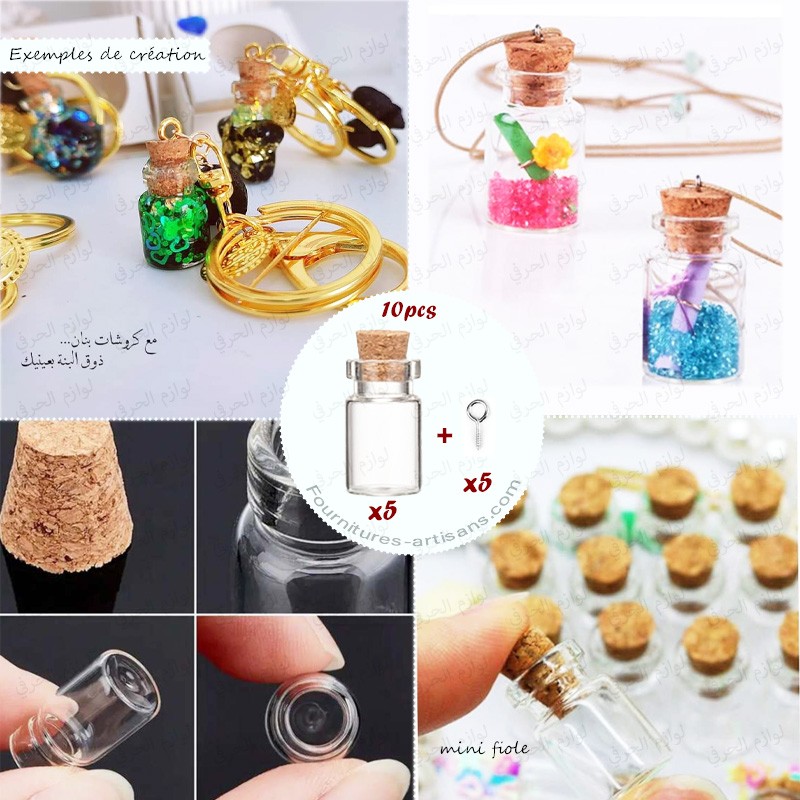5pcs mini bouteilles fioles verre bouchon liège, 2,3cmx1,3cm,  capacité:2.5ml + cadeaux 5 mini vis