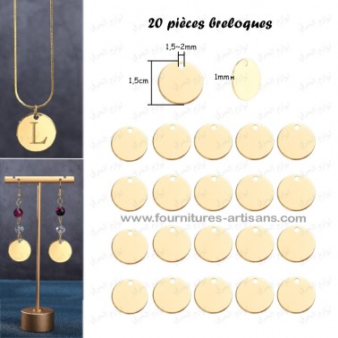 Breloques 304 acier inoxydable, pendentifs, estampage, gravure, rond plat, couleur doré, Ø15mm, 20pcs