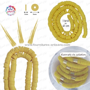 1 pièce brin fil de perles rondes et plates "Heishi" couleur mustard