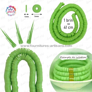 1 pièce brin fil de perles rondes et plates "Heishi" couleur smith green