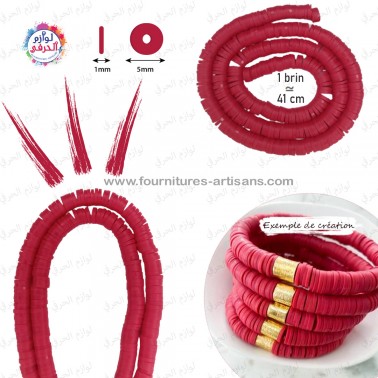 1 pièce brin fil de perles rondes et plates "Heishi" couleur red