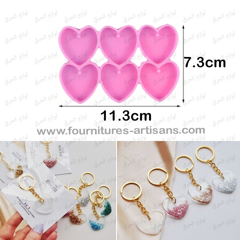 Moule silicone 6 coeurs porte-clés, boucle oreille, pendentif, artisanat, résine époxy, résine UV