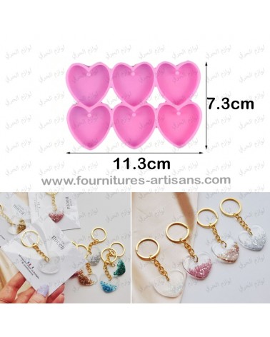 Moule silicone 6 coeurs porte-clés, boucle oreille, pendentif, artisanat, résine époxy, résine UV
