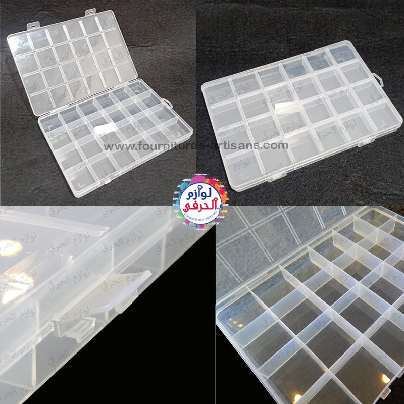 PM24 Boîte de Rangement Plastique 24 Compartiments – Organiseur Bijoux, Perles, Vis, Accessoires – 18.5 x 12.5 x 1.5 cm