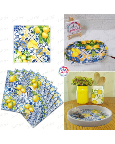 Lot 5 Papiers Serviettes découpages carré Motif "Citrons & Azulejos"