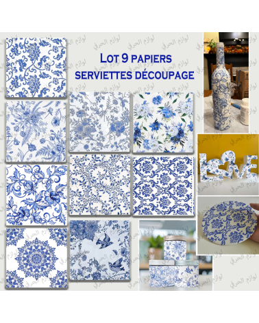 Lot 9 Papiers serviettes Découpage "Motifs bleu arabesque"