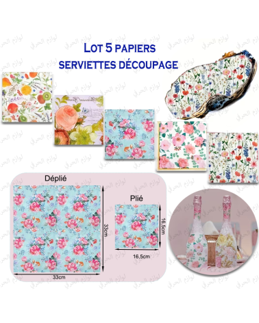 Lot de 5 Papiers Serviettes Découpage – Motifs Floraux Colorés