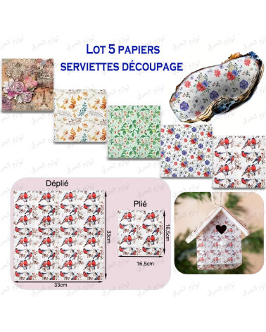 Lot de 5 Papiers Serviettes Découpage – Motifs Nature & Oiseaux