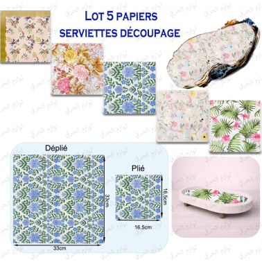 Lot de 5 Papiers Serviettes Découpage– Motifs arabesque et floral