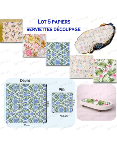 Lot de 5 Papiers Serviettes Découpage– Motifs arabesque et floral