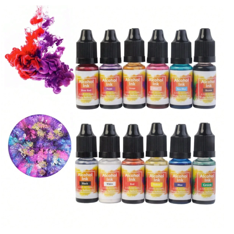 Set Encres Alcooliques 12 Couleurs – 10 ml | Résine Époxy & Effets Métalliques DIY 🎨✨