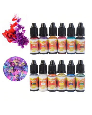 Set Encres Alcooliques 12 Couleurs – 10 ml | Résine Époxy & Effets Métalliques DIY 🎨✨