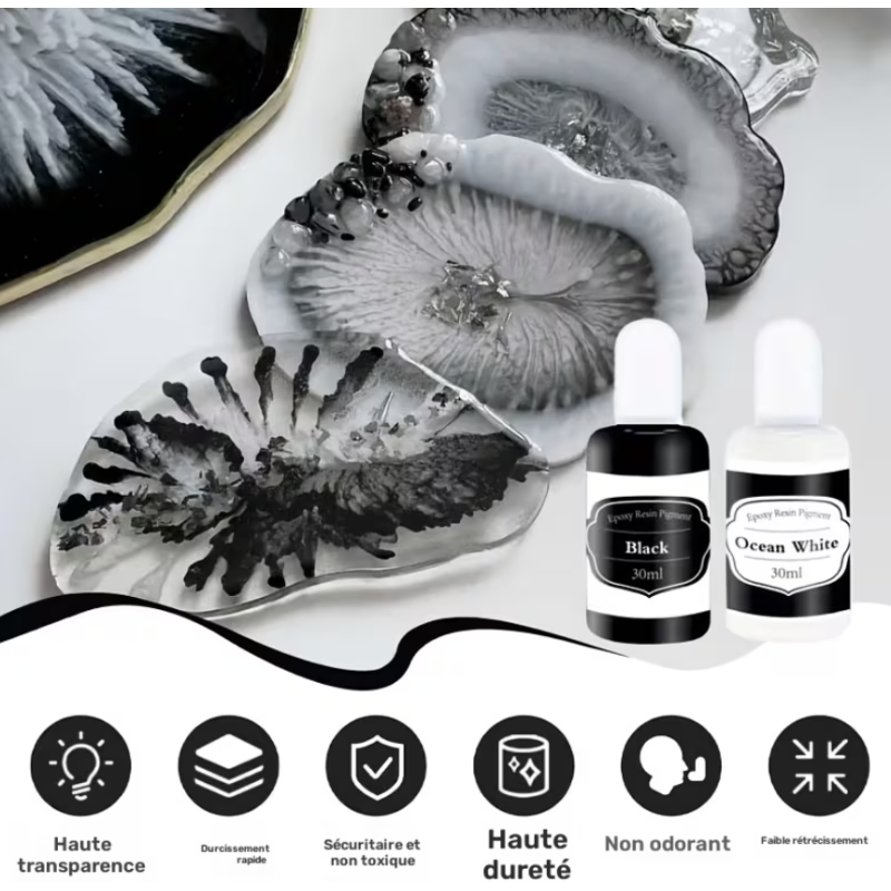 Pigments Résine Époxy Noir & Blanc – 30 ml + 30 ml | Haute Concentration Opaque 🖤🤍✨
