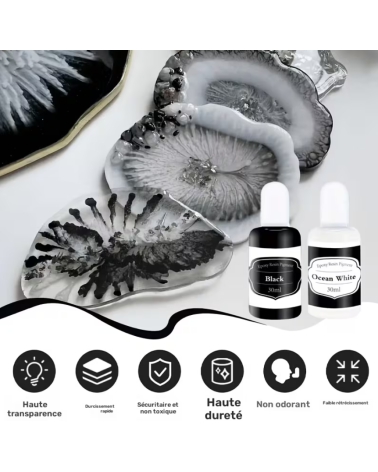 Pigments Résine Époxy Noir & Blanc – 30 ml + 30 ml | Haute Concentration Opaque 🖤🤍✨