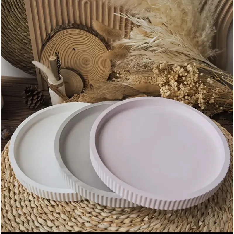 Moule silicone plateau rond bordures rayés concrete gypse ciment résine Ø22,5cm