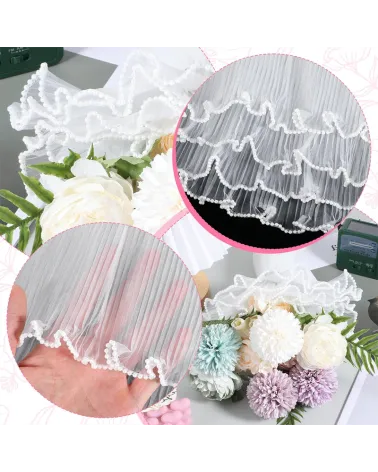 Tulle plissé froissé blanc avec bordure perlée ondulée – 3 mètres – Emballage floral et décoration de bouquets