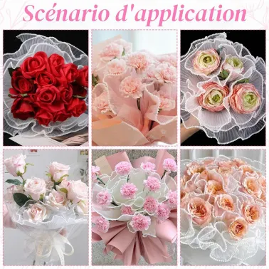 Tulle plissé froissé blanc avec bordure perlée ondulée – 3 mètres – Emballage floral et décoration de bouquets