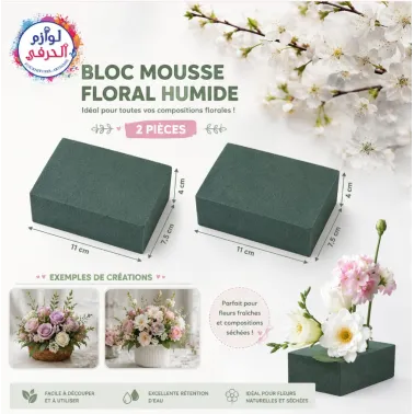 Lot 2 Blocs Mousses florales verts haute densité, 11x7,5x4 cm rectangulaire en mousse florale verte, idéaux pour les fleuristes