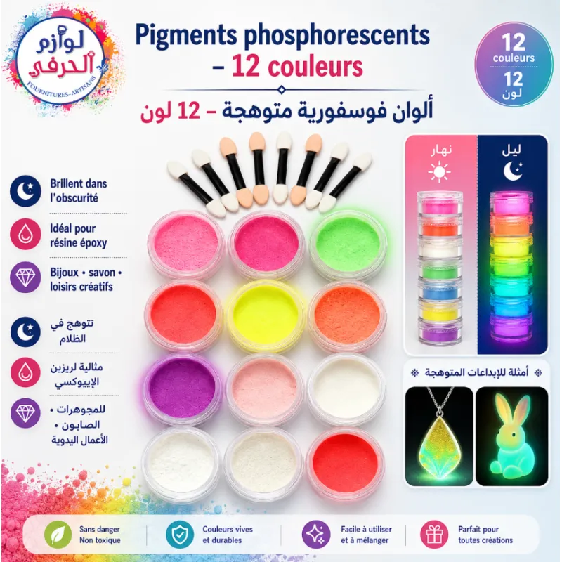 12 Couleurs de Pigments Luminescents & Fluorescents – Poudre Phosphorescente pour DIY & Nail Art