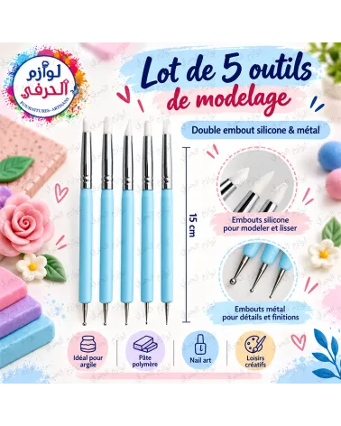 Lot 5 Outils Modelage Double Embout_Pointes Silicone et Métal_15 cm